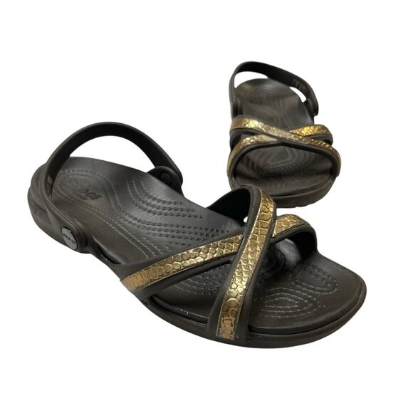 Crocs Huarache Sandals Womens 9 Brown Gold‎ Strappy Wedge Croslite Jelly Casual - Picture 1 of 12
